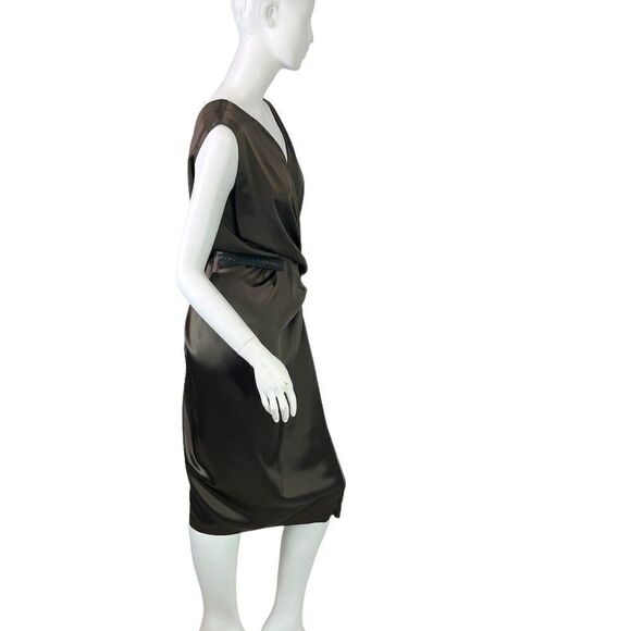 Ports 1961 Brown Elegant Silk Sleeveless V-Neck Ruched Sheath Dress, Size 6 - Picture 7 of 14